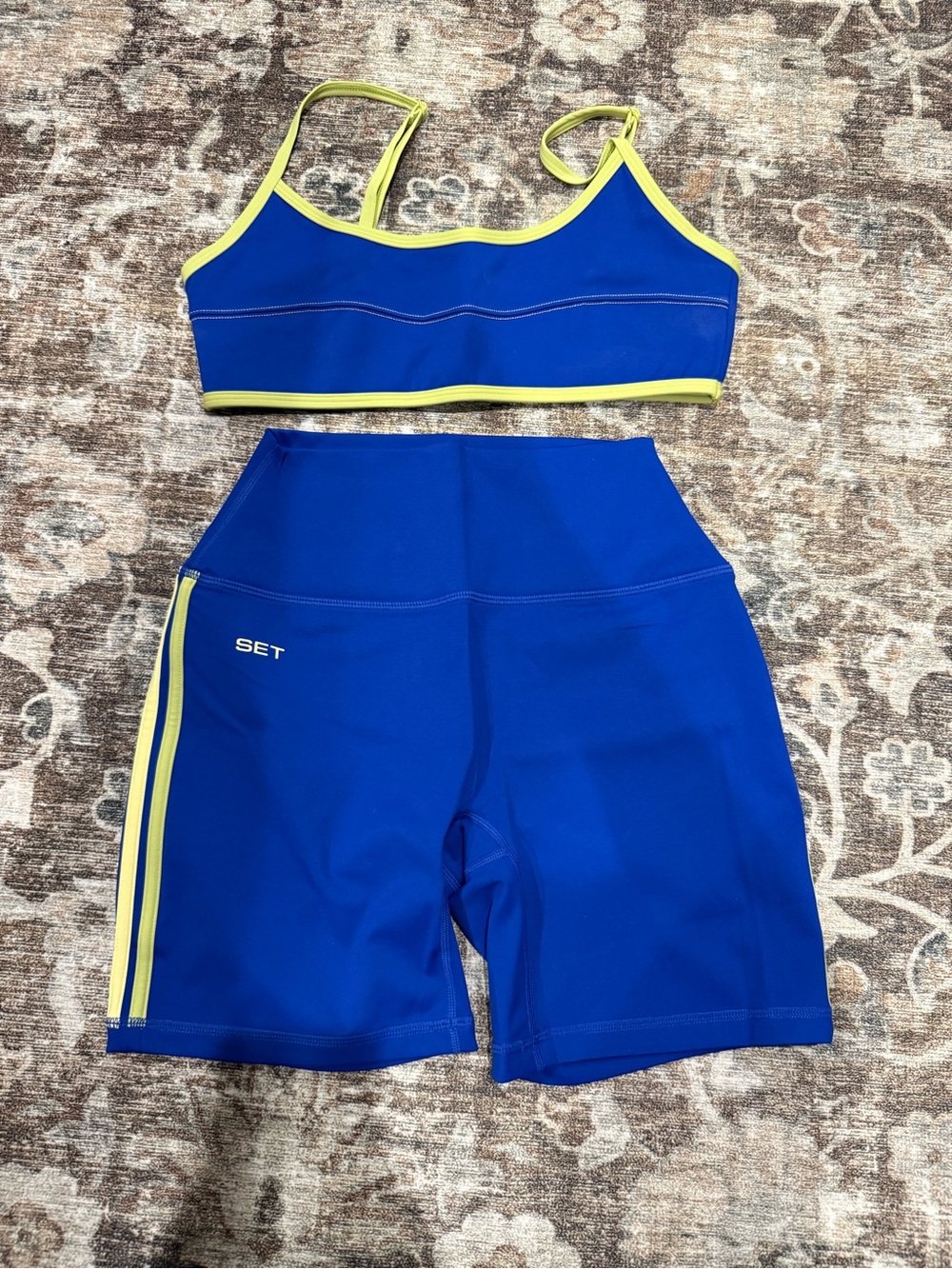 SET Active Blue Bike Shorts and Crop Top with Yellow Trim